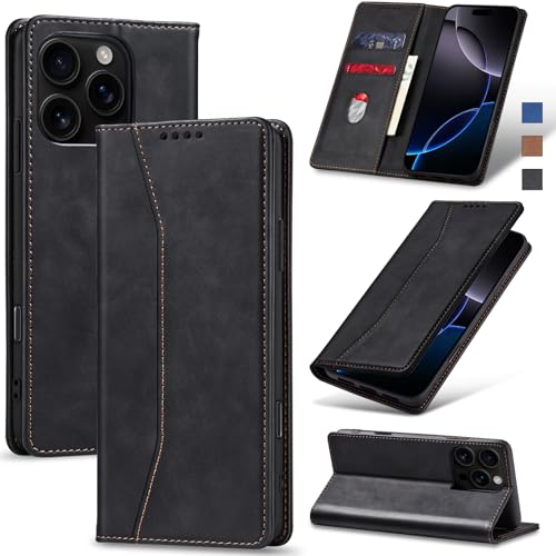 Jasonyu Handyhülle für iPhone 16 Pro Max Hülle Leder Flip Klappbare Stoßfeste Magnetische Premium PU Leder Standfunktion Kartenfächern Schutzhülle Klapphülle,Schwarz von Jasonyu