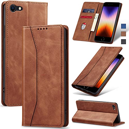 Jasonyu Handyhülle für iPhone SE 2022/SE 2020/7/8 Hülle Leder Flip Klappbare Stoßfeste Magnetische Premium PU Leder Standfunktion Kartenfächern Schutzhülle Klapphülle,Braun von Jasonyu
