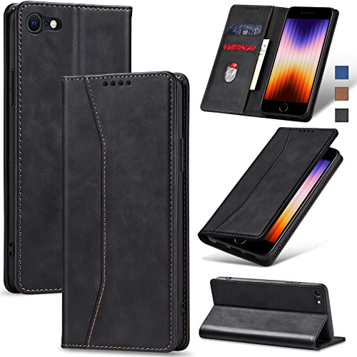 Jasonyu Handyhülle für iPhone SE 2022/SE 2020/7/8 Hülle Leder Flip Klappbare Stoßfeste Magnetische Premium PU Leder Standfunktion Kartenfächern Schutzhülle Klapphülle,Schwarz von Jasonyu