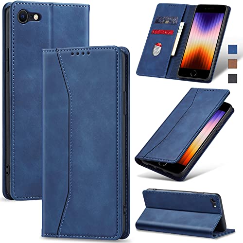 Jasonyu Handyhülle für iPhone SE 2022/SE 2020/7/8 Hülle Leder Flip Klappbare Stoßfeste Magnetische Premium PU Leder Standfunktion Kartenfächern Schutzhülle Klapphülle,Blau von Jasonyu