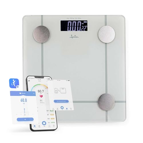 JATA HOGAR HBAS1524 Digitale Personenwaage, Körperfett und Muskelwaage mit App, intelligente Fitnesswaage, 8 Speicherplätze, BMI, empfohlene tägliche Kalorien, bis zu 180 kg JATA HOGAR HBAS1524 Digitale Personenwaage, Körperfett und Muskelwaage mit App, intelligente Fitnesswaage, 8 Speicherplätze, BMI, empfohlene tägliche Kalorien, bis zu 180 kg von Jata
