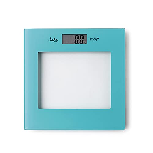 Jata HBAS1290 Digitale Personenwaage, LCD-Display, hohe Präzision, extra flach, Kapazität von 150 kg, Glasplattform, automatische Abschaltung, inklusive Batterie, Blau von Jata