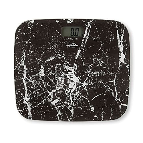 Jata HBAS1415 Digitale Personenwaage, LCD-Display, hohe Präzision, extra flach, Kapazität von 180 kg, Glasplattform, automatische Abschaltung, inklusive Batterie, Marmor-Design von Jata