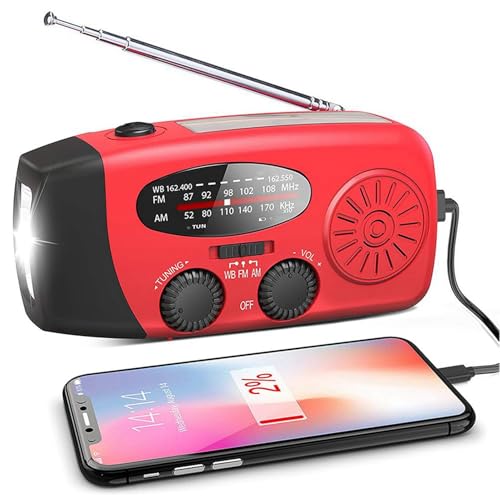 Notfallradio mit 2000mAh Powerbank, Kurbel, Solar, AM/FM LED Taschenlampe, Tragbares NOAA Wetterradio für Zuhause Outdoor (Rot) von Jauarta