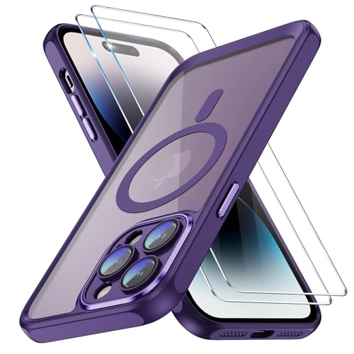 Handyhülle für iPhone 15 Pro Hülle mit Schutzfolie, Case für iPhone 15 Pro mit Magnetisch Vollständiger Kameraschutz Schutz Militärqualität Bumper Schutzhülle für iPhone 15 Pro Cover Tache (Lila) von Jawneny