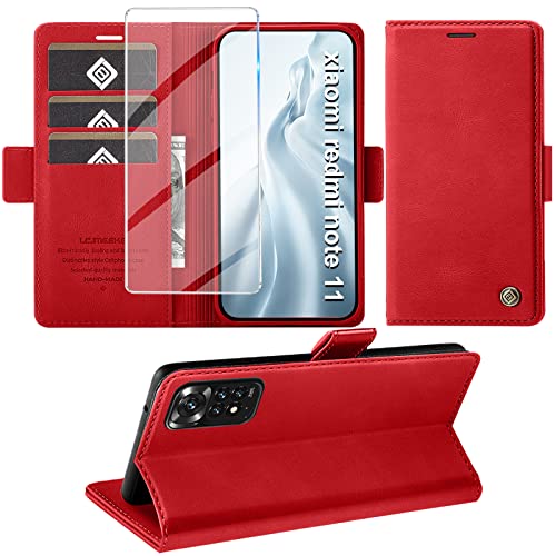 Jawneny Handyhülle für Xiaomi Redmi Note 11/ Note 11S Hülle, Standfunktion Kartenfach Wallet Premium Leder Schutzhülle Flip Case Cover Stoßfeste Klapphülle Redmi Note 11/ Note 11S 4G 6.43" Zoll (Rot) von Jawneny