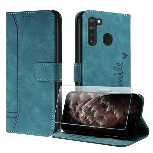 JayModCase Handyhülle Kompatibel mit Samsung Galaxy A21, Flip PU Wallet Schutzhülle mit [1 Stück Schutzfolie] Kartenfach Magnetverschluss Ständer Hülle für Galaxy A21 (Grün) von JayModCase