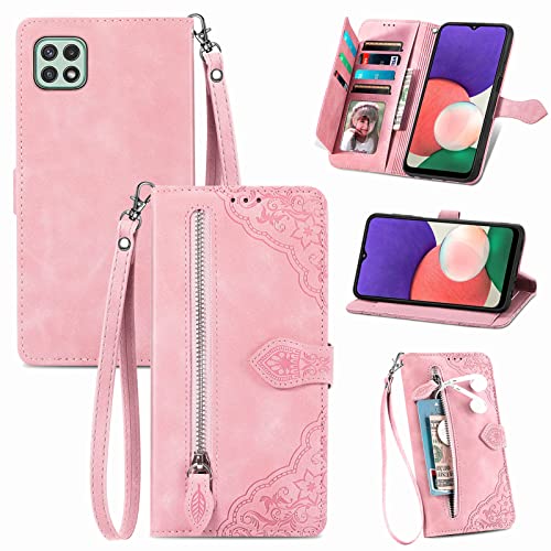 JayModCase Handyhülle für Samsung Galaxy A22 5G, PU Leder Magnetverschluss Handytasche, mit Reißverschlusstasche Ständer Kartenfächer Hülle Kompatibel mit Samsung A22 5G - Rosa von JayModCase