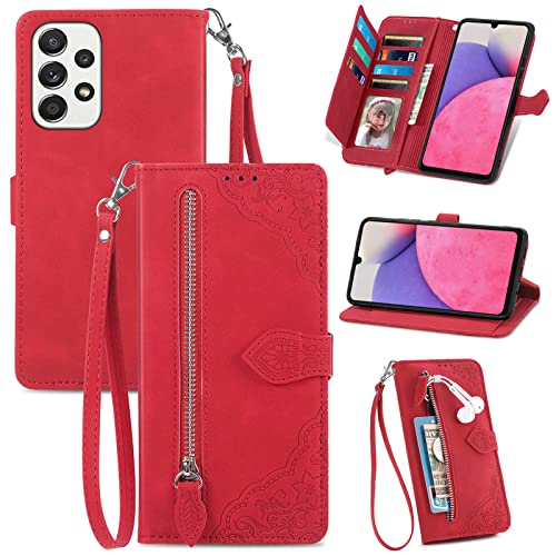 JayModCase Handyhülle für Samsung Galaxy A33 5G, PU Leder Magnetverschluss Handytasche, mit Reißverschlusstasche Ständer Kartenfächer Hülle Kompatibel mit Samsung A33 5G - Rot von JayModCase