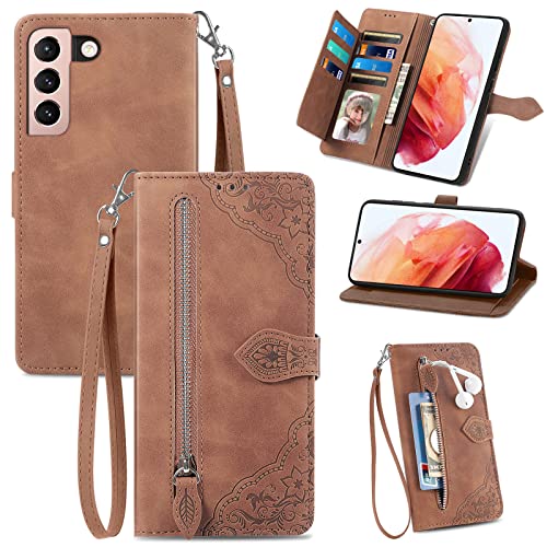 JayModCase Handyhülle für Samsung Galaxy S21 Plus, PU Leder Magnetverschluss Handytasche, mit Reißverschlusstasche Ständer Kartenfächer Hülle Kompatibel mit Samsung S21 Plus - Braun von JayModCase