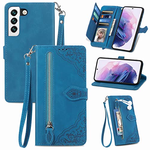 JayModCase Handyhülle für Samsung Galaxy S22, PU Leder Magnetverschluss Handytasche, mit Reißverschlusstasche Ständer Kartenfächer Hülle Kompatibel mit Samsung S22 - Blau von JayModCase