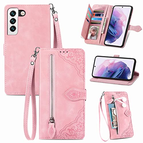 JayModCase Handyhülle für Samsung Galaxy S22 Plus 5G, PU Leder Magnetverschluss Handytasche, mit Reißverschlusstasche Ständer Kartenfächer Hülle Kompatibel mit Samsung S22 Plus 5G - Rosa von JayModCase