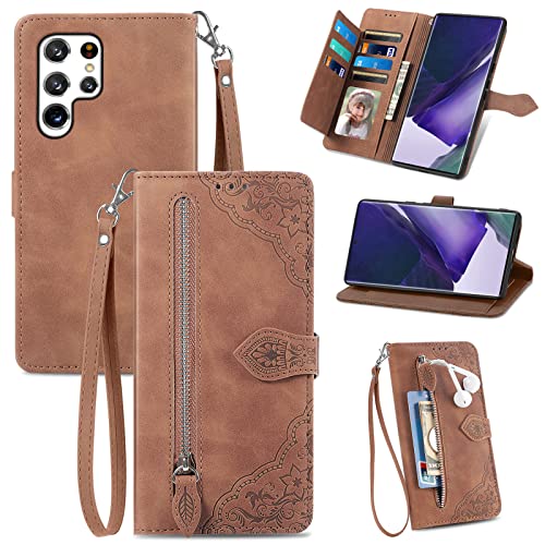 JayModCase Handyhülle für Samsung Galaxy S22 Ultra, PU Leder Magnetverschluss Handytasche, mit Reißverschlusstasche Ständer Kartenfächer Hülle Kompatibel mit Samsung S22 Ultra - Braun von JayModCase