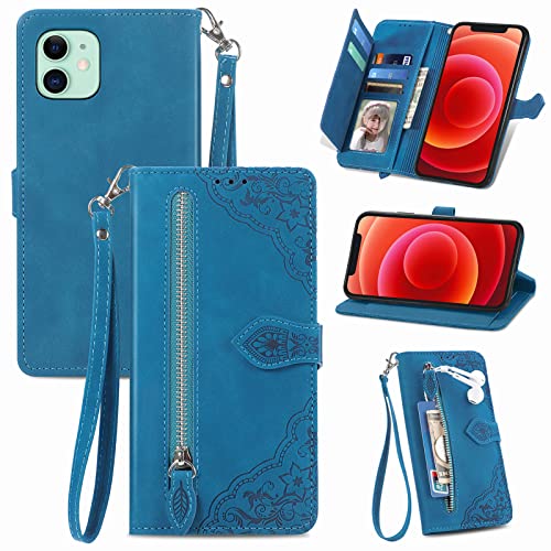 JayModCase Handyhülle für iPhone 12 Mini (5,4 Zoll), PU Leder Magnetverschluss Handytasche, mit Reißverschlusstasche Ständer Kartenfächer Hülle Kompatibel mit iPhone 12 Mini - Blau von JayModCase