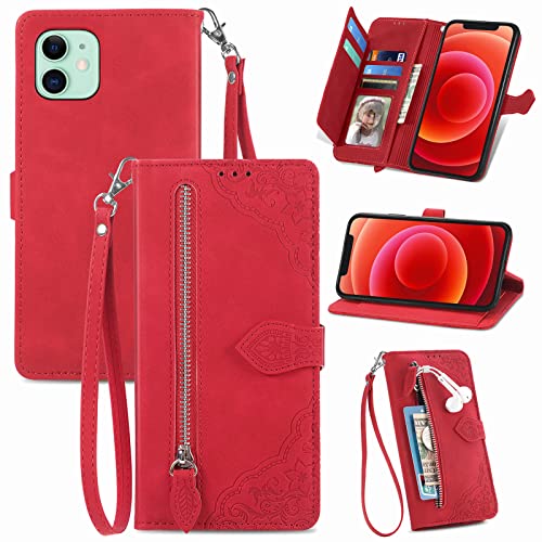 JayModCase Handyhülle für iPhone 12 Mini (5,4 Zoll), PU Leder Magnetverschluss Handytasche, mit Reißverschlusstasche Ständer Kartenfächer Hülle Kompatibel mit iPhone 12 Mini - Rot von JayModCase