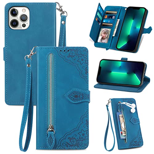 JayModCase Handyhülle für iPhone 12 Pro/iPhone 12 (6,1 Zoll), PU Leder Magnetverschluss Handytasche, mit Reißverschlusstasche Ständer Kartenfächer Hülle Kompatibel mit iPhone 12 - Blau von JayModCase