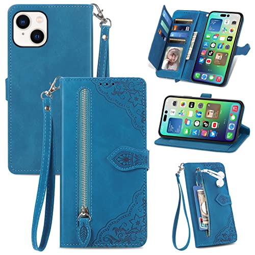 JayModCase Handyhülle für iPhone 14 (6,1 Zoll), PU Leder Magnetverschluss Handytasche, mit Reißverschlusstasche Ständer Kartenfächer Hülle Kompatibel mit iPhone 14 - Blau von JayModCase