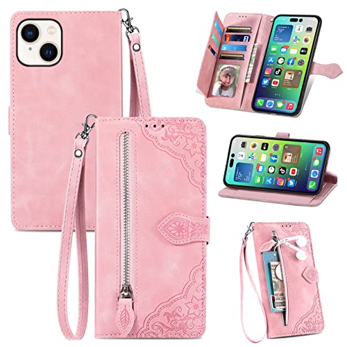 JayModCase Handyhülle für iPhone 14 (6,1 Zoll), PU Leder Magnetverschluss Handytasche, mit Reißverschlusstasche Ständer Kartenfächer Hülle Kompatibel mit iPhone 14 - Rosa von JayModCase