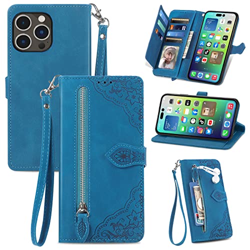 JayModCase Handyhülle für iPhone 14 Pro (6,1 Zoll), PU Leder Magnetverschluss Handytasche, mit Reißverschlusstasche Ständer Kartenfächer Hülle Kompatibel mit iPhone 14 Pro - Blau von JayModCase