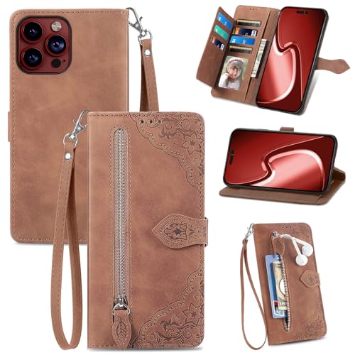 JayModCase Handyhülle für iPhone 15 Pro, PU Leder Magnetverschluss Handytasche, mit Reißverschlusstasche Ständer Kartenfächer Hülle Kompatibel mit iPhone 15 Pro - Braun von JayModCase