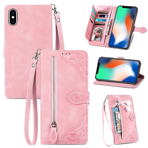 JayModCase Handyhülle für iPhone X/XS (5,8 Zoll), PU Leder Magnetverschluss Handytasche, mit Reißverschlusstasche Ständer Kartenfächer Hülle Kompatibel mit iPhone X - Rosa von JayModCase