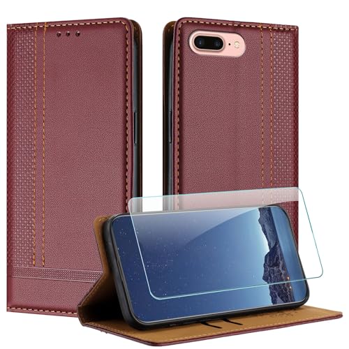 JayModCase Hülle für iPhone 8 Plus/iPhone 6S Plus/iPhone 6 Plus (5,5 Zoll) und Schutzfolie, Leder Flip Schutzhülle mit [Kartenfächer][Ständer][Stoßfest][Magnet] Handyhülle für iPhone 7+ - Burgunder von JayModCase