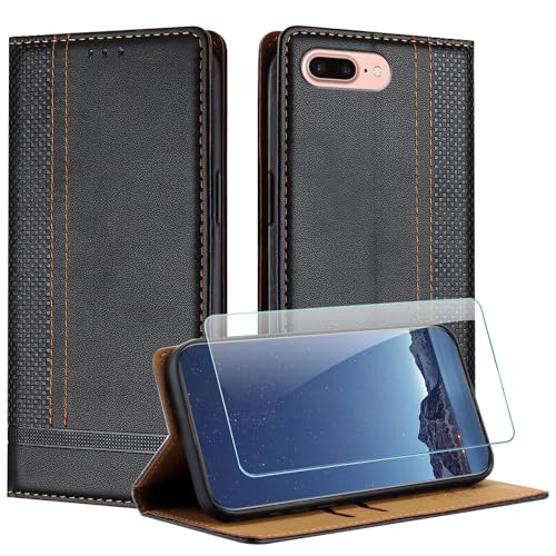 JayModCase Hülle für iPhone 8 Plus/iPhone 6S Plus/iPhone 6 Plus (5,5 Zoll) und Schutzfolie, Leder Flip Schutzhülle mit [Kartenfächer][Ständer][Stoßfest][Magnet] Handyhülle für iPhone 7 Plus - Schwarz von JayModCase