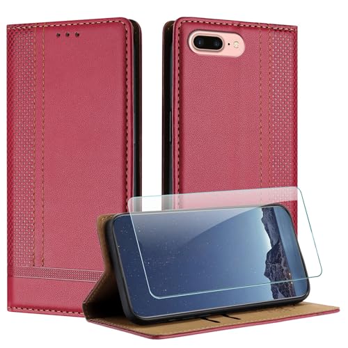 JayModCase Hülle für iPhone 8 Plus/iPhone 6S Plus/iPhone 6 Plus (5,5 Zoll) und Schutzfolie, Leder Flip Schutzhülle mit [Kartenfächer][Ständer][Stoßfest][Magnet] Handyhülle für iPhone 7 Plus - Rot von JayModCase