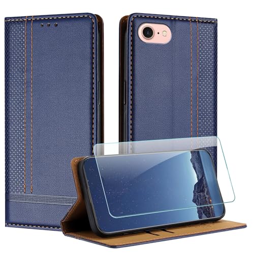 JayModCase Hülle für iPhone SE 2022/2020 / iPhone 8/6 (4,7 Zoll) und Schutzfolie, Premium Leder Flip Schutzhülle mit [Kartenfächer] [Ständer] [Stoßfest] [Magnet] Handyhülle für iPhone 7 - Blau von JayModCase