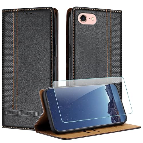 JayModCase Hülle für iPhone SE 2022/2020 / iPhone 8/6 (4,7 Zoll) und Schutzfolie, Premium Leder Flip Schutzhülle mit [Kartenfächer] [Ständer] [Stoßfest] [Magnet] Handyhülle für iPhone 7 - Schwarz von JayModCase