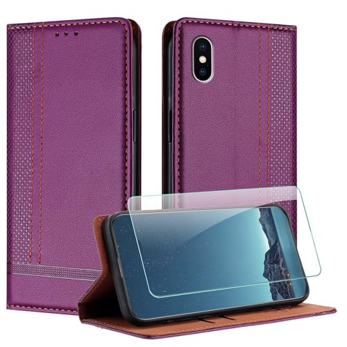 JayModCase Hülle für iPhone XS/iPhone X (5,8 Zoll) und Schutzfolie, Premium Leder Flip Schutzhülle mit [Kartenfächer] [Ständer] [Stoßfest] [Magnet] Handyhülle für iPhone X - Lila von JayModCase