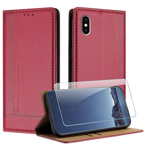 JayModCase Hülle für iPhone XS/iPhone X (5,8 Zoll) und Schutzfolie, Premium Leder Flip Schutzhülle mit [Kartenfächer] [Ständer] [Stoßfest] [Magnet] Handyhülle für iPhone X - Rot von JayModCase
