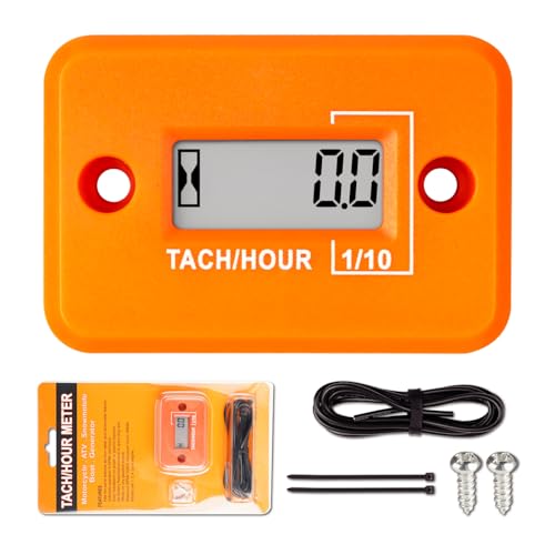 Jayron Tacho Stundenzähler Digital LCD Induktiver Tachometer Keine Batterie Leistungsstarke Zeitdrehzahlmessung Wasserdichtes Design für Gasmotor Rasenmäher Motorrad(2/4 Hub) (Orange) von Jayron