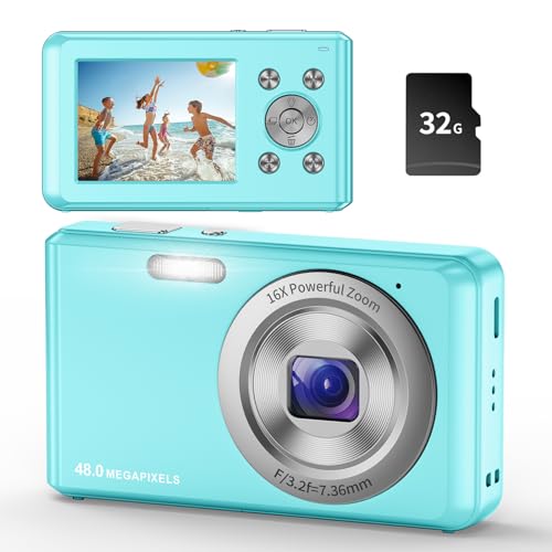 Digitalkamera,HD 1080P Fotokamera Kompaktkamera mit 32GB Karte, 48MP Fotoapparat 2,4 '' LCD 16X Digital Zoom Digital Kamera für Kinder, Mädchen,Teenager, Jungen, Anfänger(Blau) von Jckkcfug