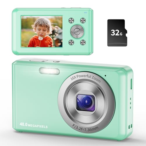 Digitalkamera,HD 1080P Fotokamera Kompaktkamera mit 32GB Karte, 48MP Fotoapparat 2,4 '' LCD 16X Digital Zoom Digital Kamera für Kinder, Mädchen,Teenager, Jungen, Anfänger(Grüner) von Jckkcfug