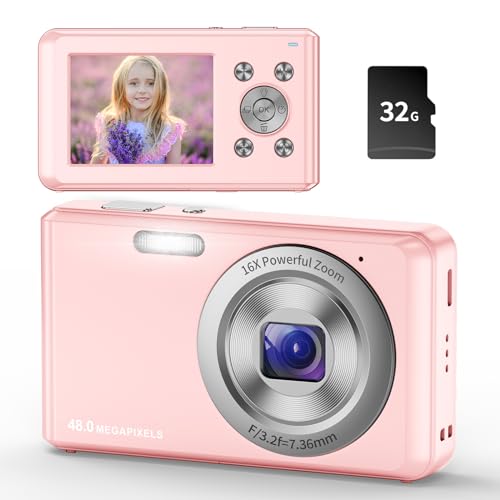 Digitalkamera,HD 1080P Fotokamera Kompaktkamera mit 32GB Karte, 48MP Fotoapparat 2,4 '' LCD 16X Digital Zoom Digital Kamera für Kinder, Mädchen,Teenager, Jungen, Anfänger(Rosa) von Jckkcfug