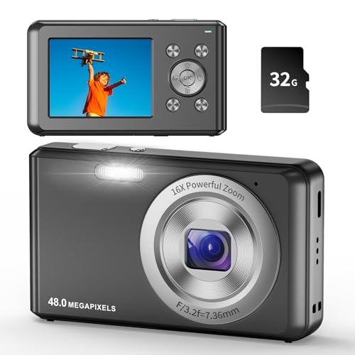Digitalkamera,HD 1080P Fotokamera Kompaktkamera mit 32GB Karte, 48MP Fotoapparat 2,4 '' LCD 16X Digital Zoom Digital Kamera für Kinder, Mädchen,Teenager, Jungen, Anfänger(Schwarz) von Jckkcfug