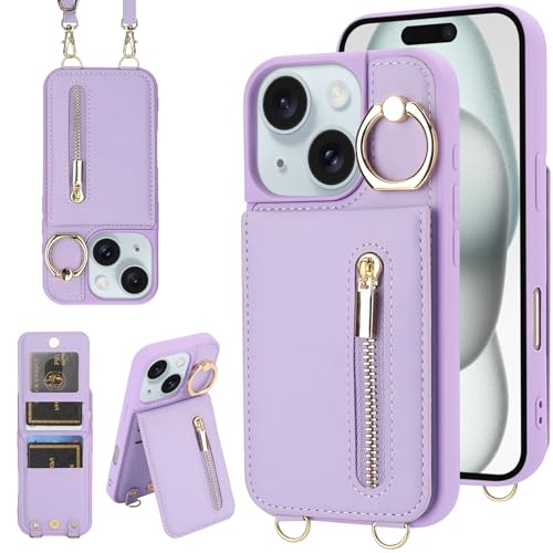 Jcxtrombulou Crossbody-Schutzhülle für iPhone 14 Plus/15 Plus, mit Umhängeband, Kartenschlitz, RFID-Blockierung, 360° Ständer, magnetischer Klappetui, Reißverschluss, PU-Leder, Violett Jcxtrombulou Crossbody-Schutzhülle für iPhone 14 Plus/15 Plus, mit Umhängeband, Kartenschlitz, RFID-Blockierung, 360° Ständer, magnetischer Klappetui, Reißverschluss, PU-Leder, Violett von Jcxtrombulous