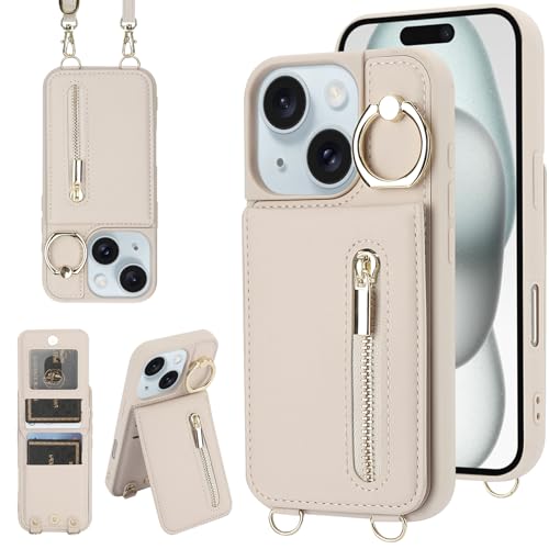 Jcxtrombulous Crossbody-Schutzhülle für iPhone 14 Plus/15 Plus, mit Umhängeband, Kartenschlitz, RFID-Blockierung, 360° Ständer, magnetischer Klappetui, Reißverschluss, PU-Leder, Handtasche, Beige Jcxtrombulous Crossbody-Schutzhülle für iPhone 14 Plus/15 Plus, mit Umhängeband, Kartenschlitz, RFID-Blockierung, 360° Ständer, magnetischer Klappetui, Reißverschluss, PU-Leder, Handtasche, Beige von Jcxtrombulous