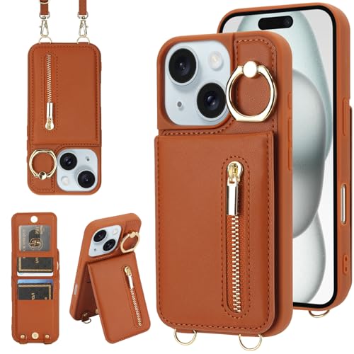Jcxtrombulous Crossbody-Schutzhülle für iPhone 14 Plus/15 Plus, mit Umhängeband, Kartenschlitz, RFID-Blockierung, 360° Ständer, magnetischer Klappetui, Reißverschluss, PU-Leder, Handtasche, Braun von Jcxtrombulous