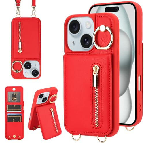 Jcxtrombulous Crossbody-Schutzhülle für iPhone 14 Plus/15 Plus, mit Umhängeband, Kartenschlitz, RFID-Blockierung, 360° Ständer, magnetischer Klappetui, Reißverschluss, PU-Leder, Rot Jcxtrombulous Crossbody-Schutzhülle für iPhone 14 Plus/15 Plus, mit Umhängeband, Kartenschlitz, RFID-Blockierung, 360° Ständer, magnetischer Klappetui, Reißverschluss, PU-Leder, Rot von Jcxtrombulous