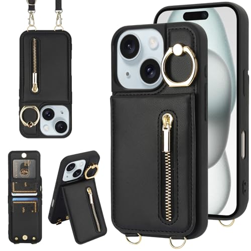 Jcxtrombulous Crossbody-Schutzhülle für iPhone 14 Plus/15 Plus, mit Umhängeband, Kartenschlitz, RFID-Blockierung, 360° Ständer, magnetischer Klappetui, Reißverschluss, PU-Leder, Schwarz Jcxtrombulous Crossbody-Schutzhülle für iPhone 14 Plus/15 Plus, mit Umhängeband, Kartenschlitz, RFID-Blockierung, 360° Ständer, magnetischer Klappetui, Reißverschluss, PU-Leder, Schwarz von Jcxtrombulous