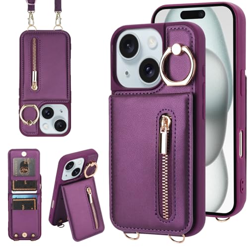 Jcxtrombulous Crossbody-Schutzhülle für iPhone 14 Plus/15 Plus, mit Umhängeband, Kartenschlitz, RFID-Blockierung, magnetisch, mit Reißverschluss, PU-Leder, Dunkelviolett Jcxtrombulous Crossbody-Schutzhülle für iPhone 14 Plus/15 Plus, mit Umhängeband, Kartenschlitz, RFID-Blockierung, magnetisch, mit Reißverschluss, PU-Leder, Dunkelviolett von Jcxtrombulous