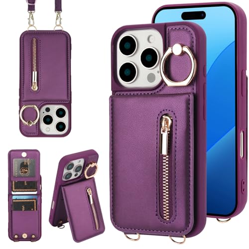 Jcxtrombulous Hülle für iPhone 13 Pro Max Hülle Stoßfeste Handyhülle mit Verstellbarer Halskette RFID Reißverschluss Geldbörse Etui mit Kartenfach mit Band Ring Ständer Case für Frauen-Dunkellila Jcxtrombulous Hülle für iPhone 13 Pro Max Hülle Stoßfeste Handyhülle mit Verstellbarer Halskette RFID Reißverschluss Geldbörse Etui mit Kartenfach mit Band Ring Ständer Case für Frauen-Dunkellila von Jcxtrombulous