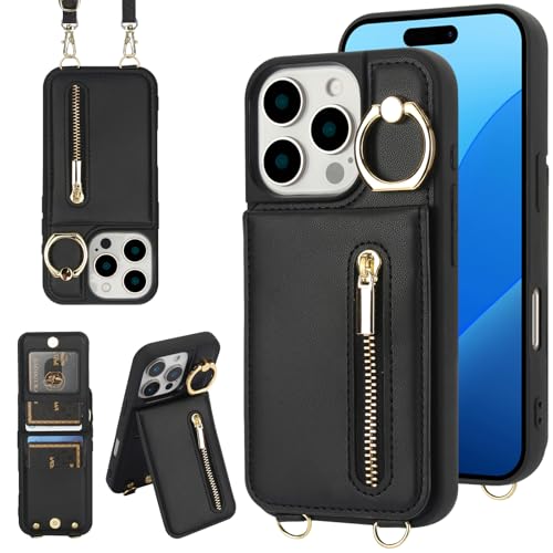 Jcxtrombulous Hülle für iPhone 14 Pro Max Hülle Stoßfeste Handyhülle mit Verstellbarer Halskette RFID Reißverschluss Geldbörse Etui mit Kartenfach mit Band Ring Ständer Case für Frauen-Schwarz von Jcxtrombulous