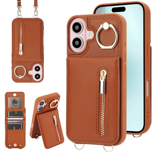Jcxtrombulous Hülle für iPhone 16 Plus Hülle Stoßfeste Handyhülle mit Verstellbarer Halskette RFID Reißverschluss Geldbörse Etui mit Kartenfach mit Band Ring Ständer Case für Frauen-Braun von Jcxtrombulous