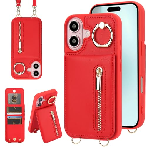 Jcxtrombulous Hülle für iPhone 16 Plus Hülle Stoßfeste Handyhülle mit Verstellbarer Halskette RFID Reißverschluss Geldbörse Etui mit Kartenfach mit Band Ring Ständer Case für Frauen-Rot von Jcxtrombulous