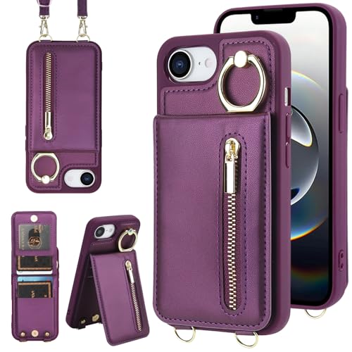Jcxtrombulous Hülle für iPhone 16E Hülle Stoßfeste Handyhülle mit Verstellbarer Halskette RFID Reißverschluss Geldbörse Etui mit Kartenfach mit Band Ring Ständer Case für Frauen-Dunkellila von Jcxtrombulous