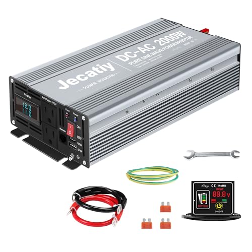 Jecatiy Wechselrichter, 2 AC 2000 W, reiner Sinus-Wechselrichter, konvertiert DC 12 V auf AC 110 V 120 V, USB 18 W und 30 W Typ-C Ladeanschlüsse, Solar-Wechselrichter für LKW, Haus, Fahrzeug von Jecatiy