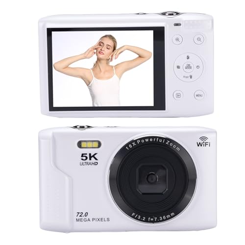Digitalkamera, 5K 72MP HD HD Digital Point and Shoot Camera mit 16x Digital Zoom, WiFi Compact Autofocus Vlogging Camera mit 2,8 '' Bildschirm & Flash für Fotografie und Video (White) von Jectse